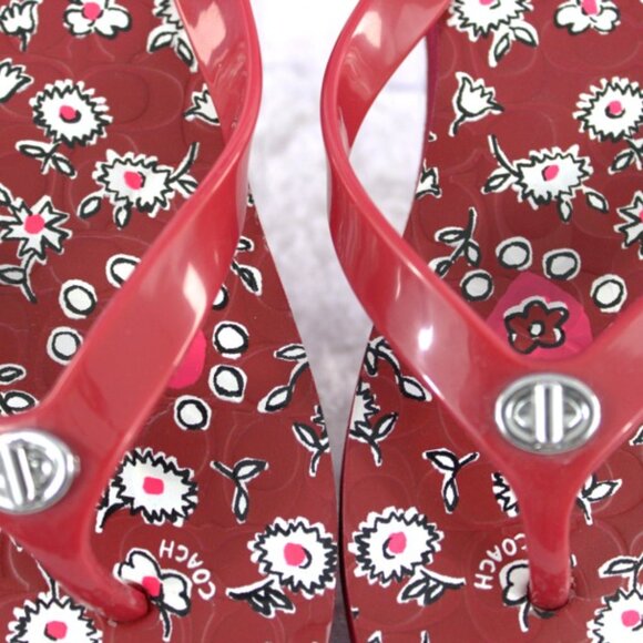 Coach Red Floral Print Flip-Flops Sandals Size 5–6 Logo Detail - Picture 4 of 7